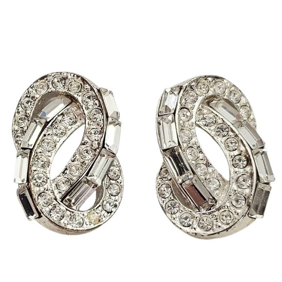Carolee Silver Tone Clear Rhinestone Knotted Clip-On Earrings, Signed - Picture 1 of 9
